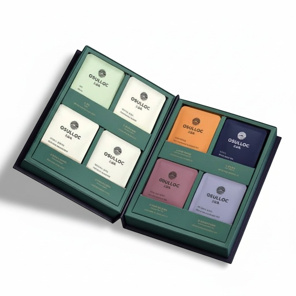Little Seouls OSULLOC Masterblend Tea Collection gift box with 8 flavors of tea sachets in pastel colors.