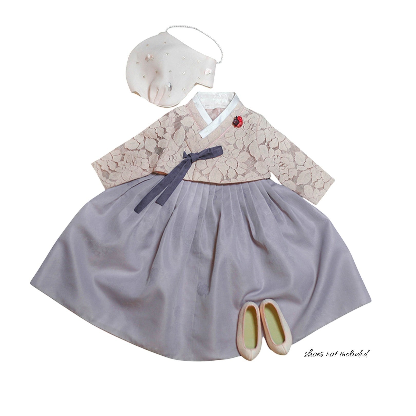 Little Seouls pastel purple lace hanbok for 1st birthday girl, size 1 (12-18 months). Includes top, skirt, and hat.
