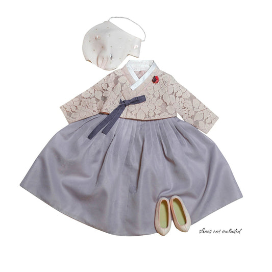 Little Seouls pastel purple lace hanbok for 1st birthday girl, size 1 (12-18 months). Includes top, skirt, and hat.