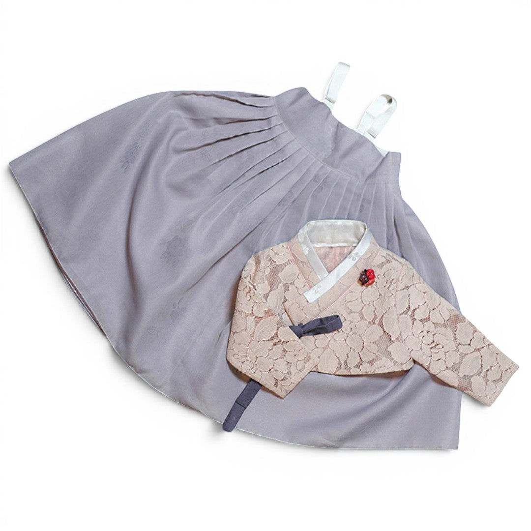 Little Seouls pastel purple lace hanbok for 1st birthday girl, size 1 (12-18 months). Includes top, skirt, and hat.
