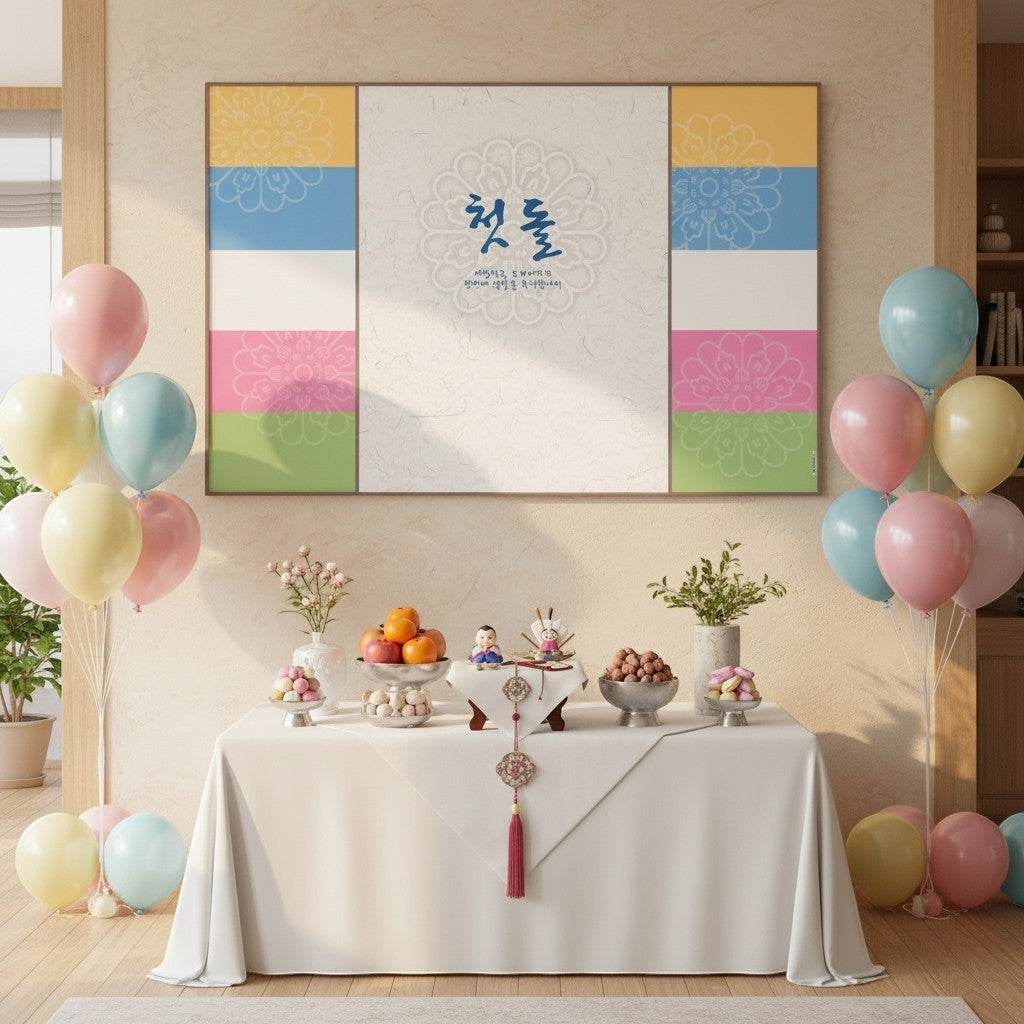 Little Seouls pastel stripes 1st birthday banner with floral motif. Vinyl, 4x6'.