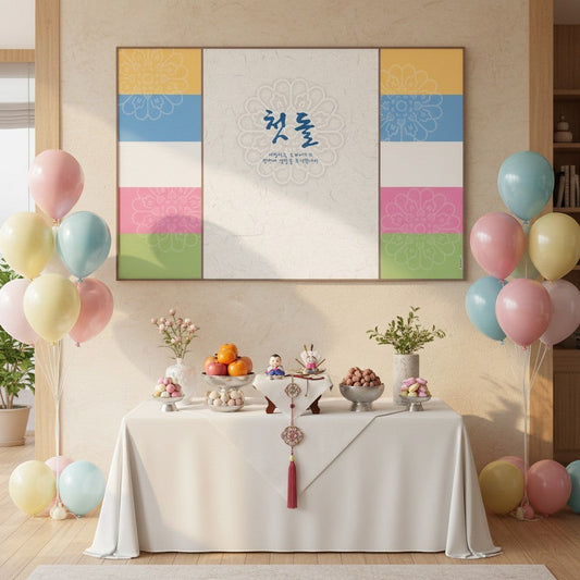 Little Seouls pastel stripes 1st birthday banner with floral motif. Vinyl, 4x6'.