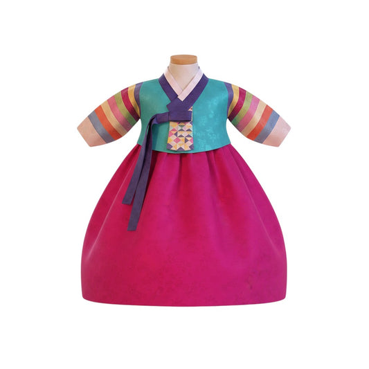 Little Seouls pastel stripes hanbok for girls, size 100th day (3-4 months). Features a teal top with rainbow sleeves and a vibrant pink skirt.