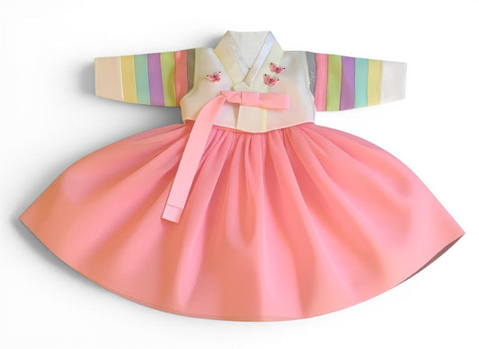 Little Seouls light pink tulle skirt hanbok with pastel striped sleeves and butterfly details, size 3-6 months.
