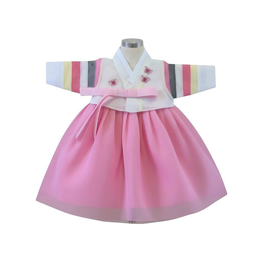 Little Seouls light pink tulle skirt hanbok for 100th day celebration, white top with pink butterflies and striped sleeves.