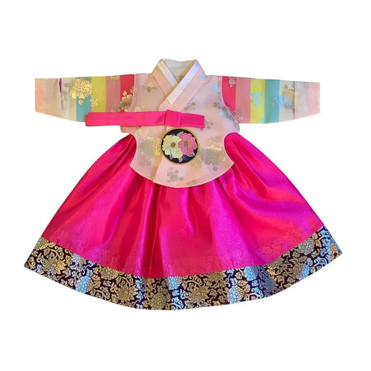 Little Seouls pink and gold floral hanbok for baby girls, size 1 (12-18 months), for Doljanchi celebration.