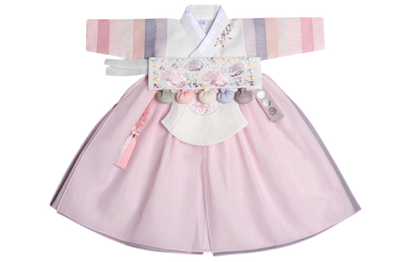 Little Seouls pastel light pink princess hanbok for 1st birthday. Features embroidered bodice, pastel striped sleeves, and a full skirt.