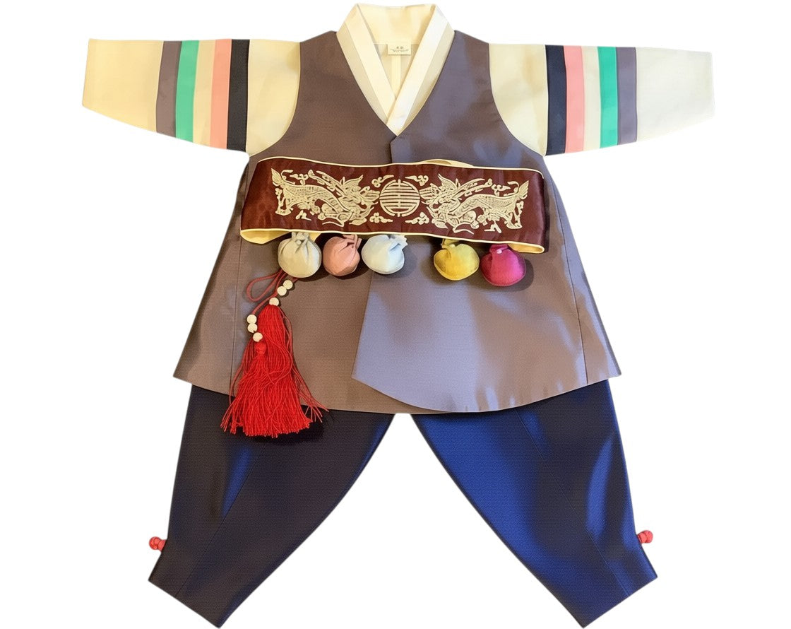 Little Seouls traditional plum and navy dolbok for a 1st birthday boy. Features gold dragon embroidery and colorful tassels.