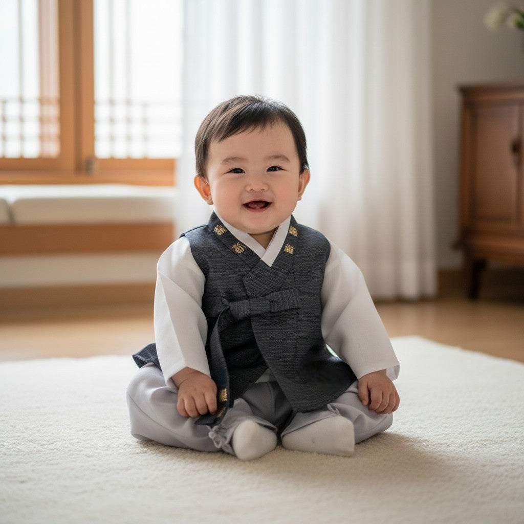 Little Seouls 100th Day boy's simply black hanbok set with white sleeves, grey vest, and grey pants.