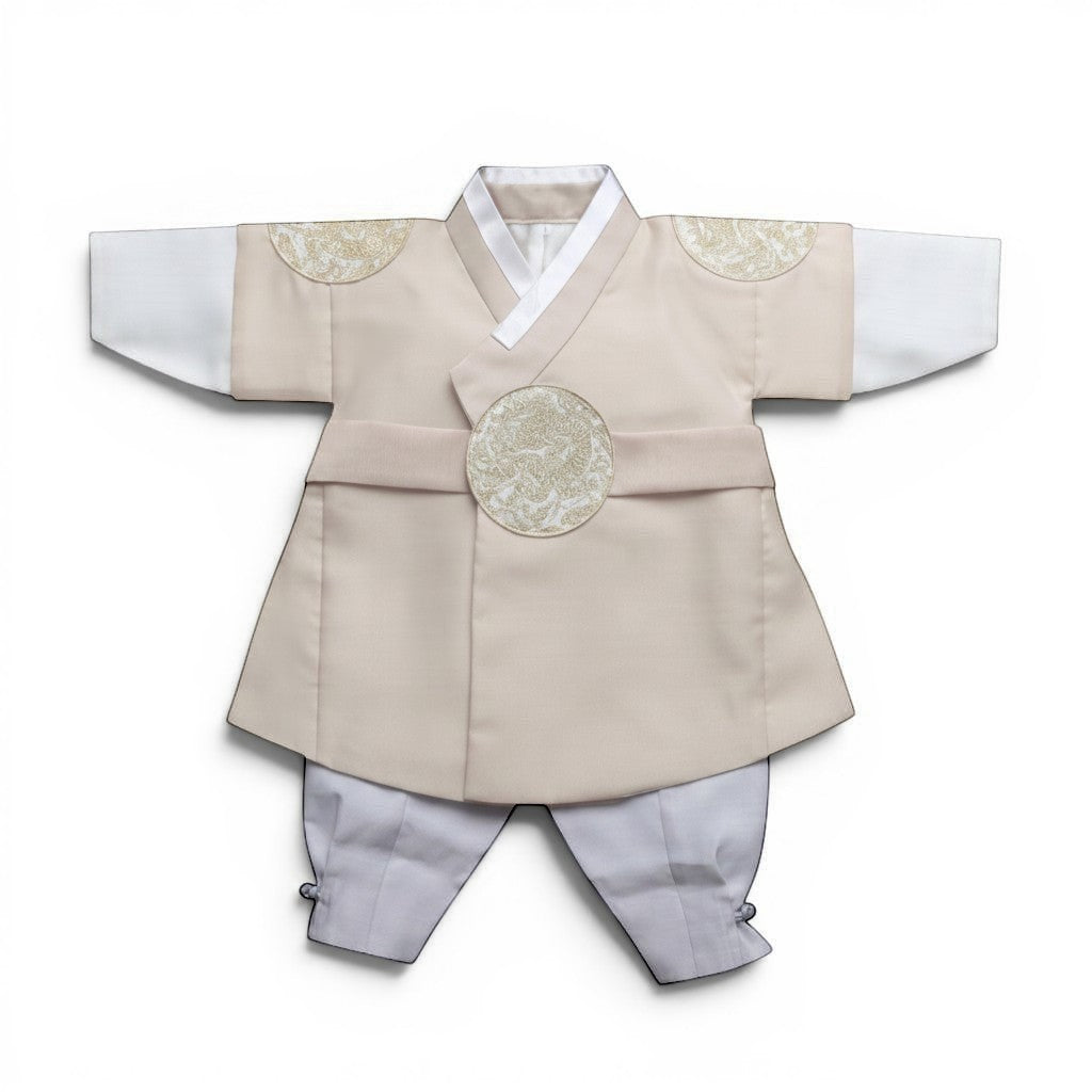 Little Seouls 100th Day Boy Taupe Hanbok with white sleeves and pants, featuring gold embroidered details.