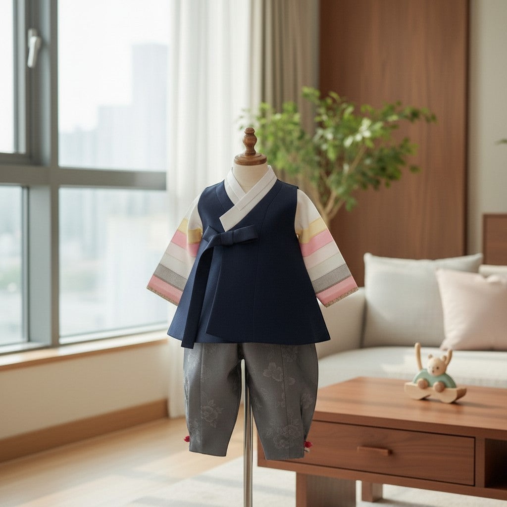 Little Seouls 100th Day boy's hanbok set in navy blue, gray, and pastel stripes. Includes vest, shirt, and pants.