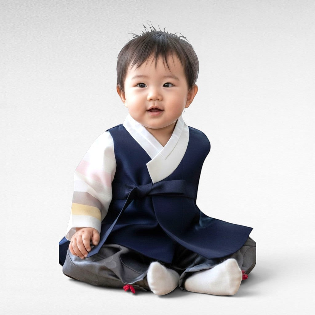 Little Seouls 100th Day traditional prince hanbok in blue and gray with pastel sleeves and white trim. For baby boys 3-6 months.