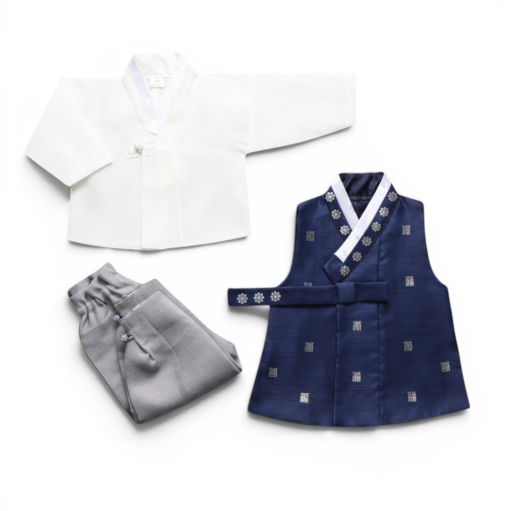 Little Seouls 100th Day boy's traditional navy blue hanbok set with white shirt, navy vest, grey pants, and decorative trim.
