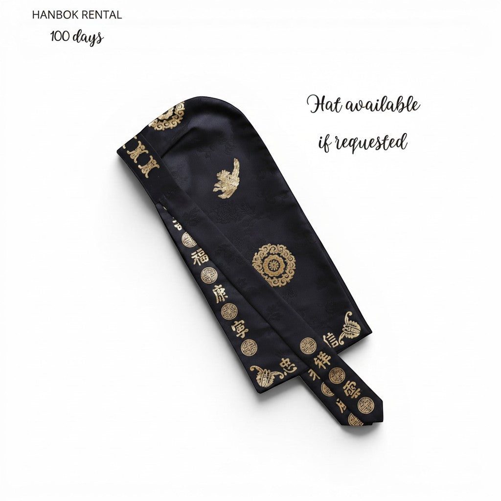 Little Seouls 100th Day Boy Traditional Navy Blue Hanbok rental includes shirt, vest, pants, and black hat. Features gold embroidery.