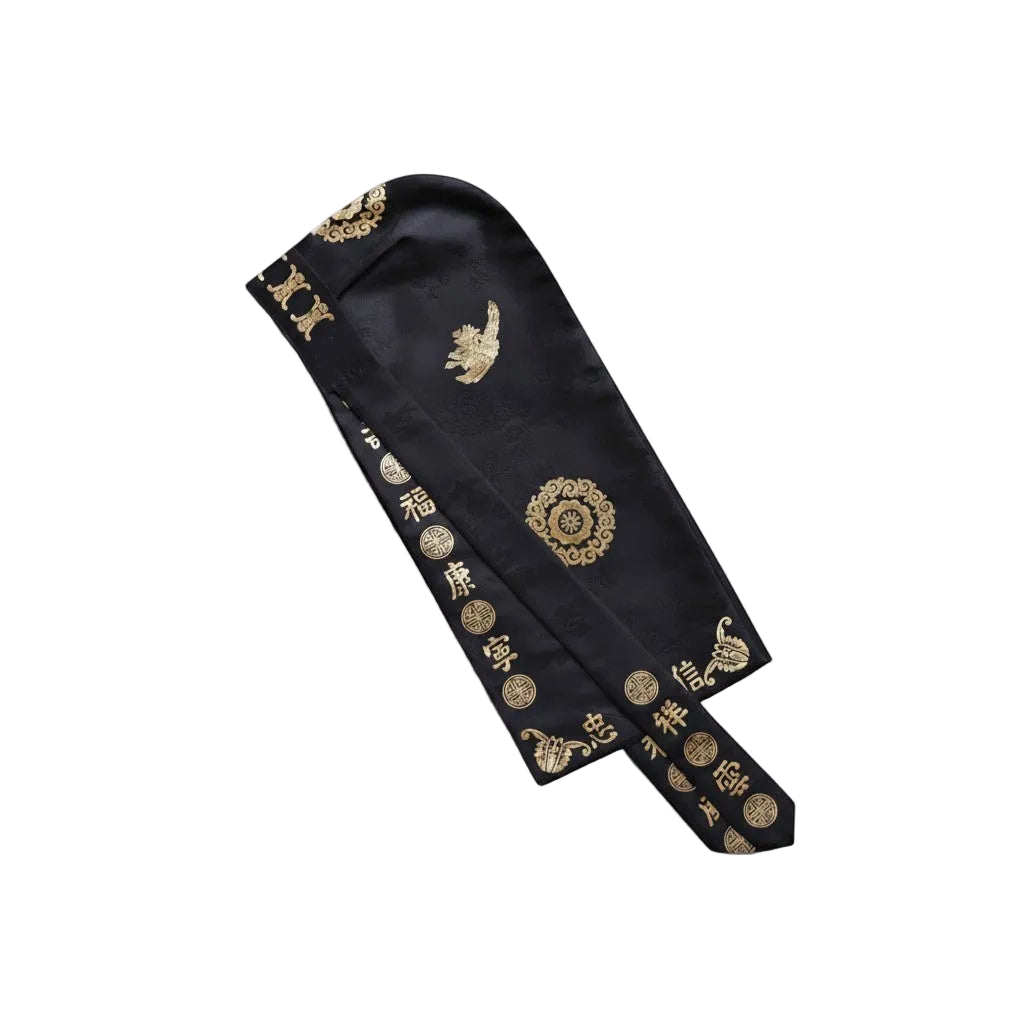 Little Seouls traditional black baby hanbok vest with gold embroidered patterns and Korean characters.