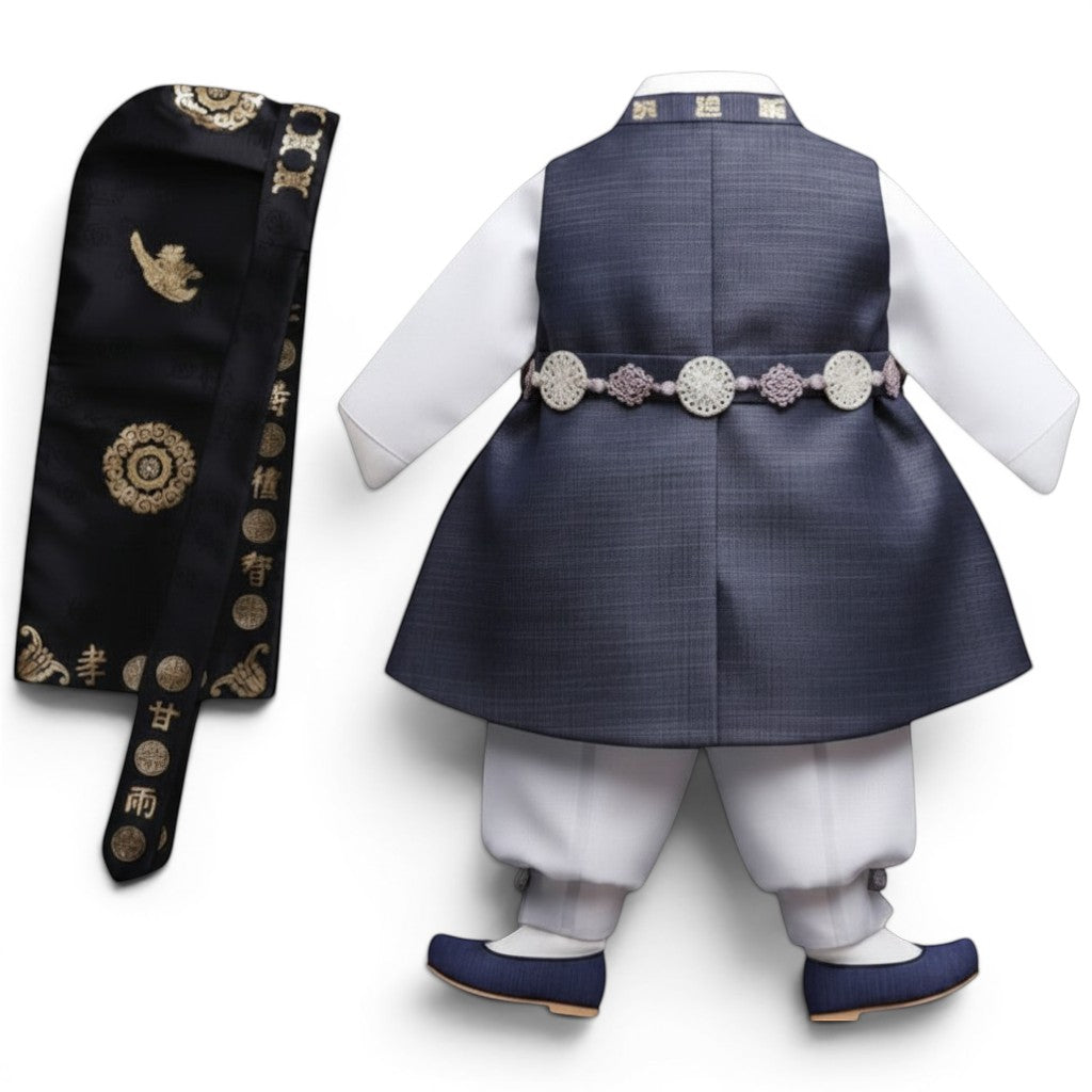 Little Seouls black and grey traditional Korean hanbok for a baby boy's first birthday, includes vest, shirt, pants, hat, and belt.