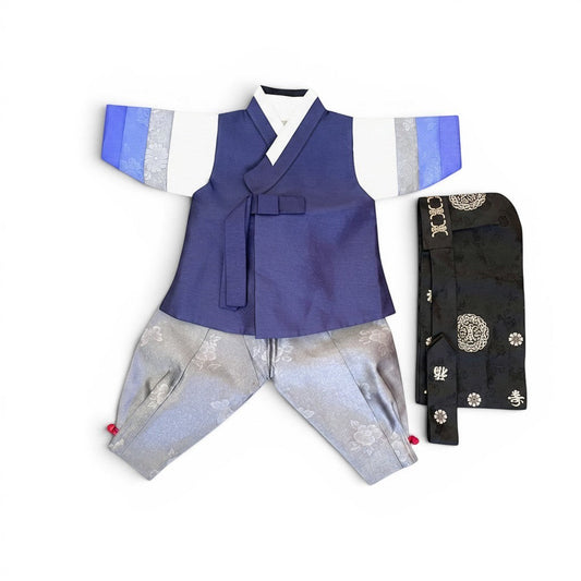 Little Seouls blue and gray traditional prince hanbok for 100th day celebration. Includes vest, pants, shirt, and hat.
