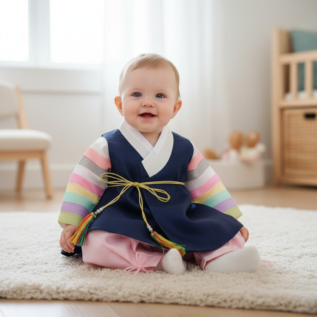 Little Seouls 100th Day Boy Hanbok: navy vest, pink pants, rainbow striped sleeves. Traditional Korean outfit.