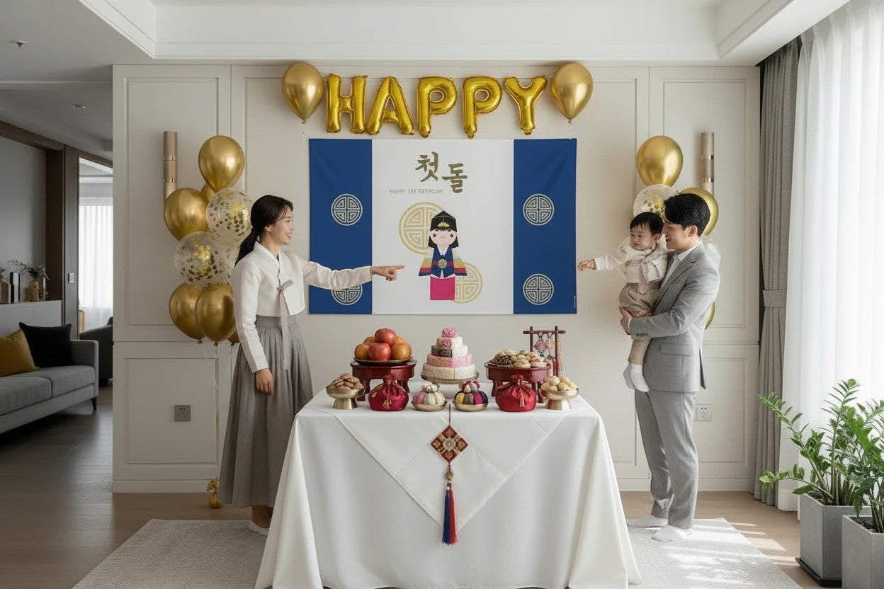 Little Seouls Happy 1st Birthday Korean Traditional Backdrop Banner with baby in hanbok, Taegeuk symbols, and 'Cheot-dol'.