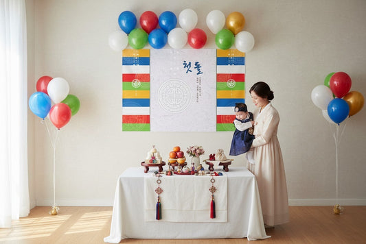 Little Seouls Traditional Korean Doljanchi Celebration Backdrop with colorful borders and calligraphy on vinyl material.
