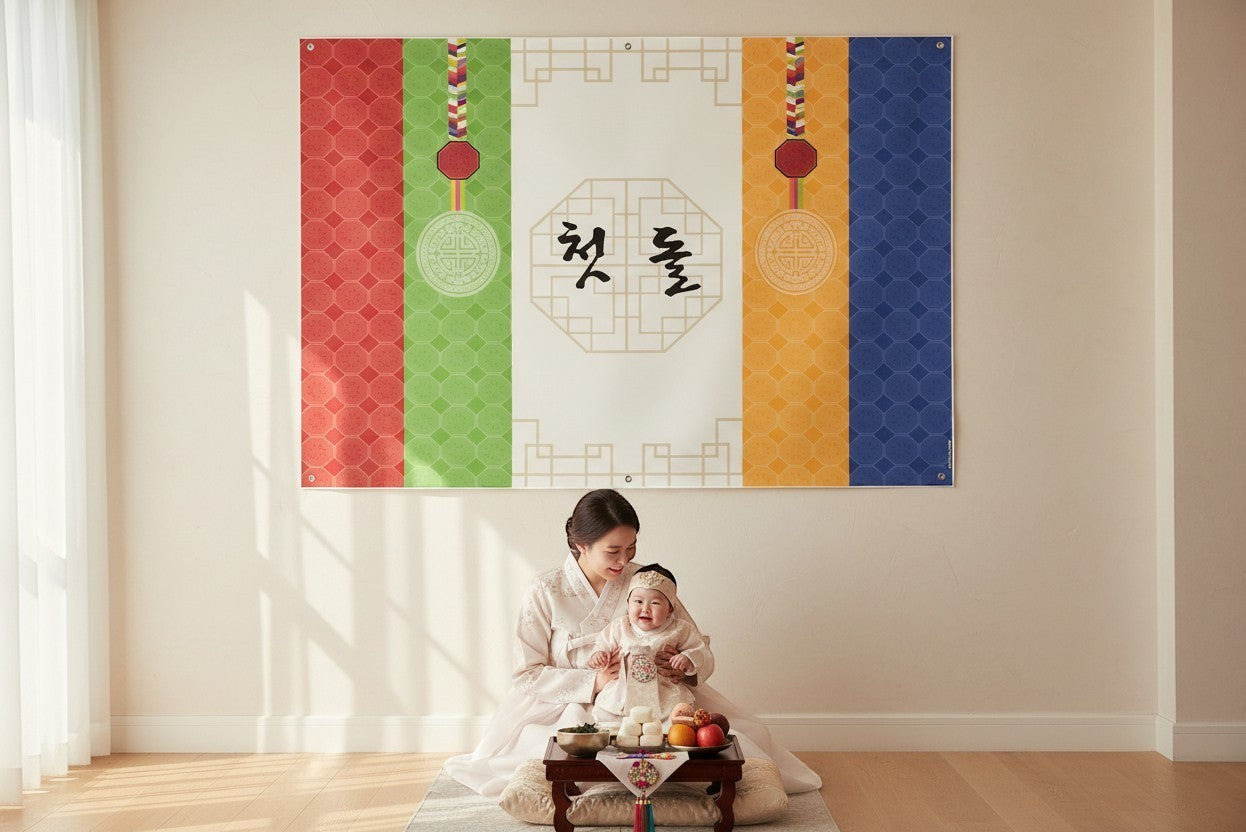 Little Seouls Traditional Korean First Birthday banner with red, green, yellow, and blue panels and Korean text '첫 돌'.
