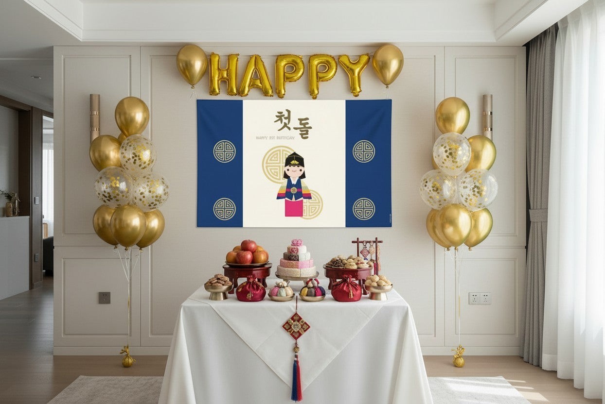 Little Seouls Happy 1st Birthday Korean Traditional Backdrop Banner with baby in hanbok, gold Taegeuk symbols, and blue/cream design.