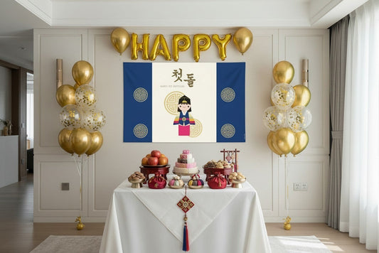 Little Seouls Happy 1st Birthday Korean Traditional Backdrop Banner with baby in hanbok, gold Taegeuk symbols, and blue/cream design.