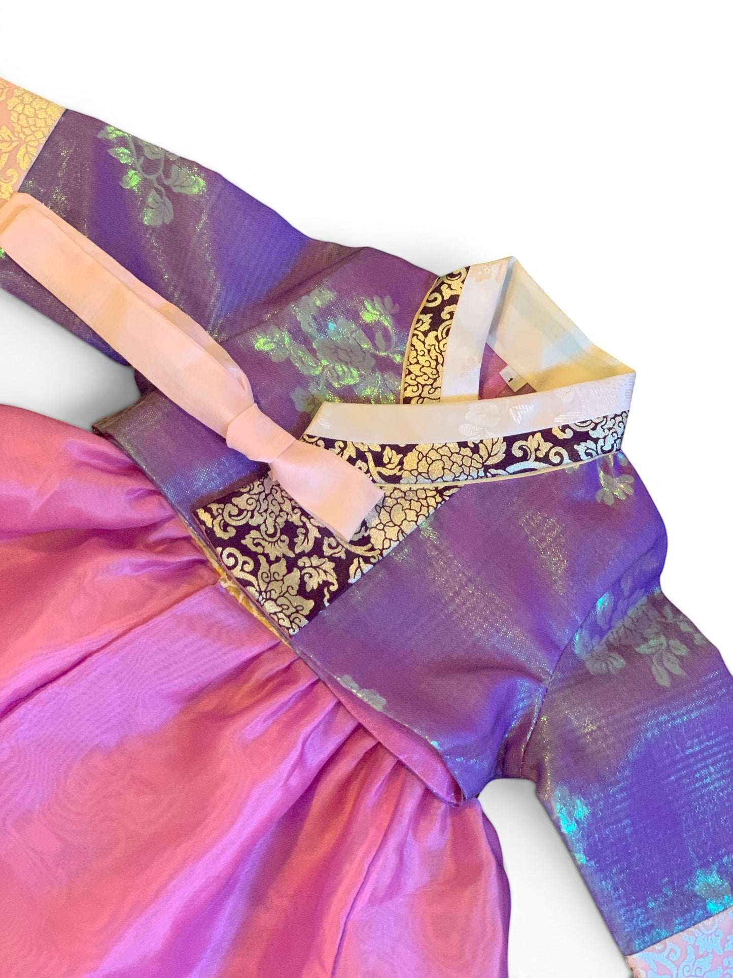 Little Seouls 1st birthday girl's lavender and pink princess hanbok with floral embroidery and gold trim.