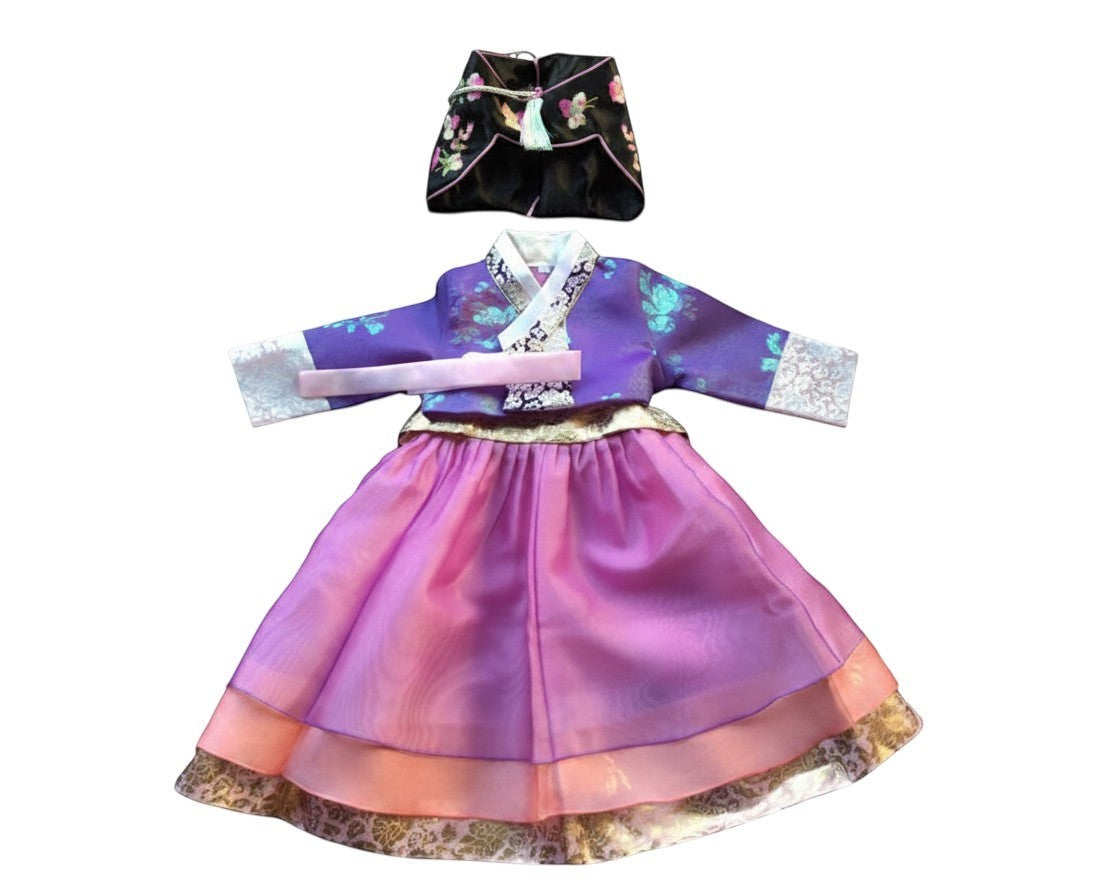 Little Seouls lavender and pink princess hanbok for a 1st birthday girl, with embroidered details and a matching headpiece.