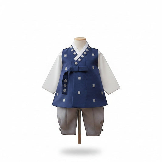Little Seouls 100th Day boy's traditional navy blue hanbok with white shirt, grey pants, and ornate vest. Size 3-6 months.