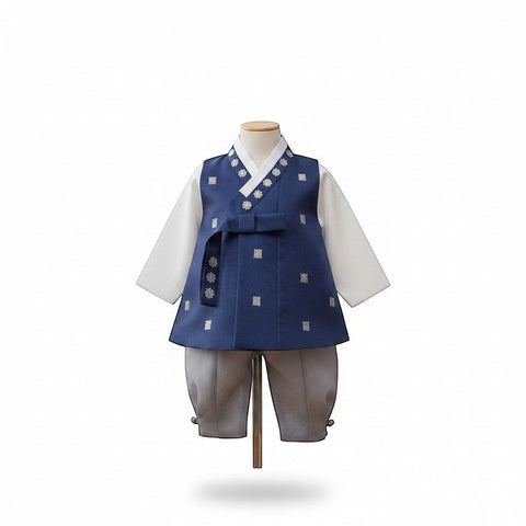 Little Seouls 100th Day boy's traditional navy blue hanbok with white shirt, grey pants, and ornate vest. Size 3-6 months.