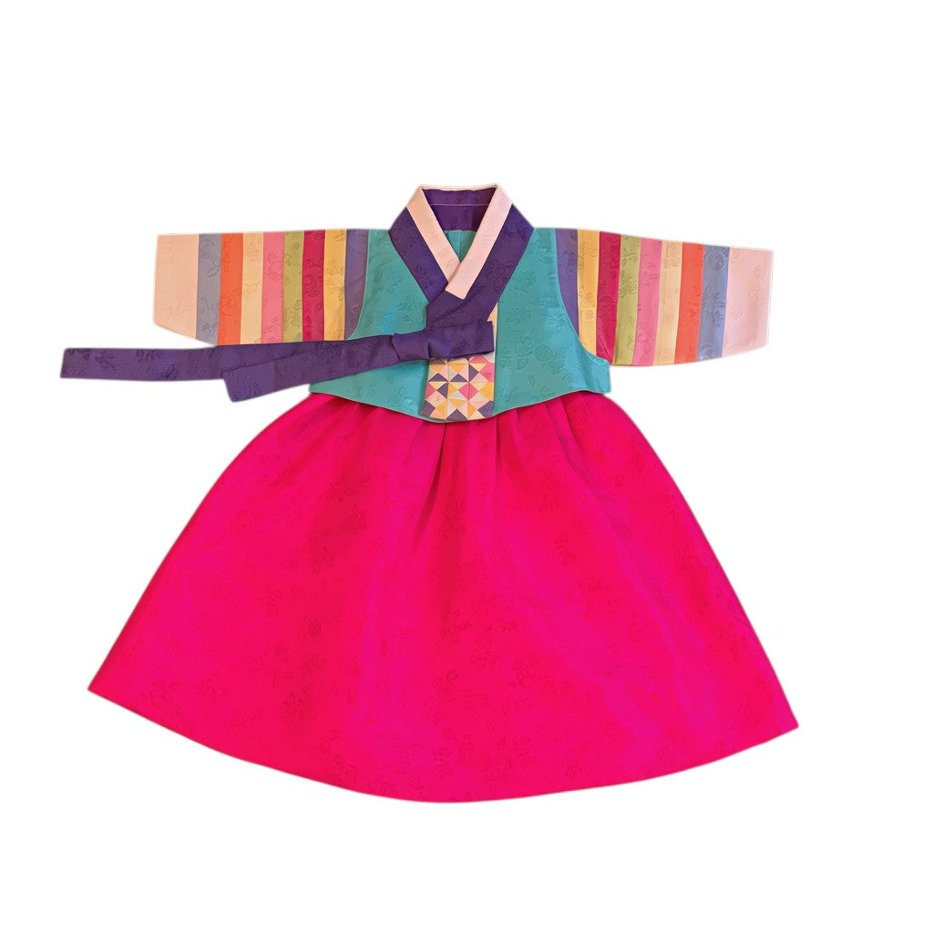 Little Seouls pastel stripes hanbok for a girl's 100th day celebration. Features a teal top with rainbow sleeves and a vibrant pink skirt.