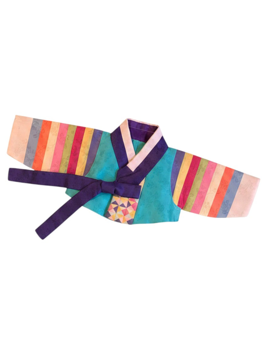Little Seouls pastel stripes hanbok for girls, size 100th day (3-4 months). Features a vibrant pink skirt and a turquoise top with colorful striped sleeves and a purple sash.