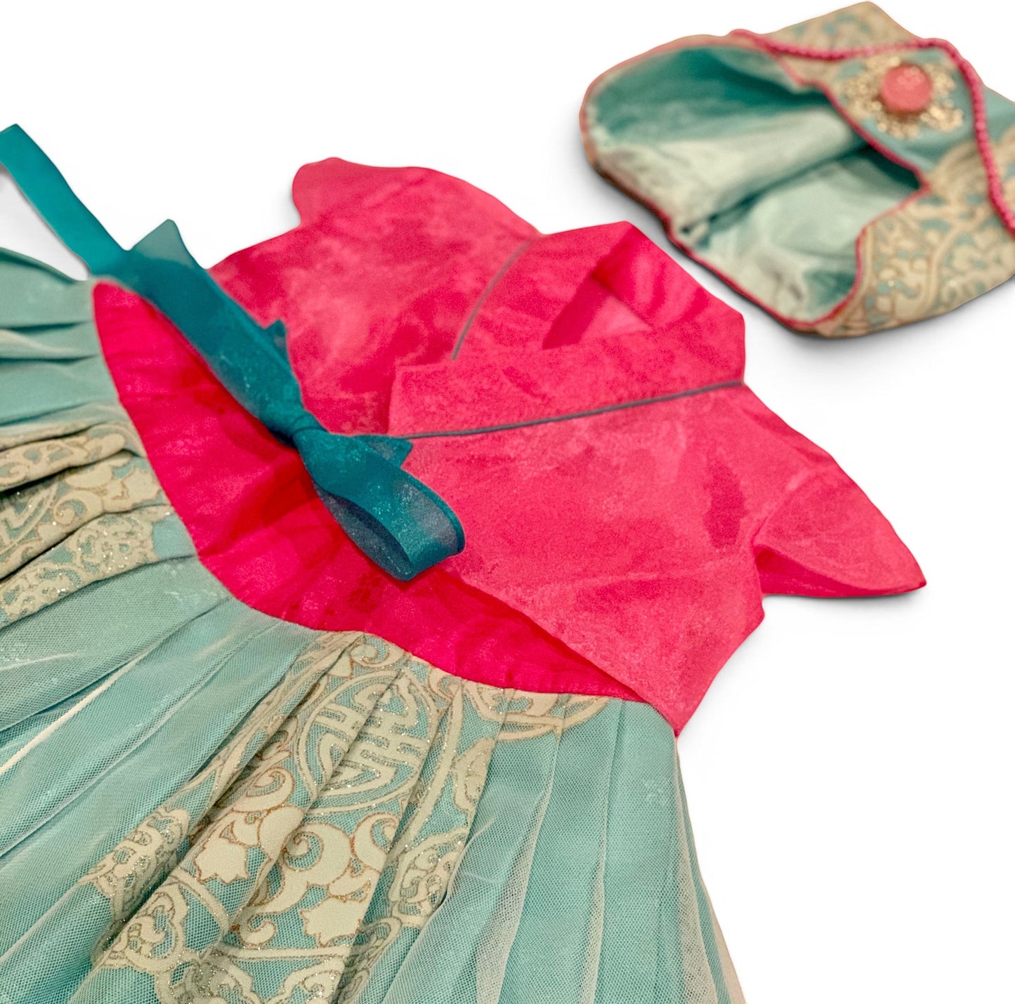 Little Seouls 1st birthday girl's pink and blue fusion hanbok with ornate gold pattern on skirt and matching headpiece.