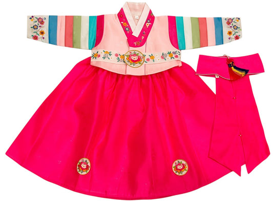 Little Seouls pink and multi-color striped 1st birthday girl's hanbok with embroidered flowers and matching headpiece.