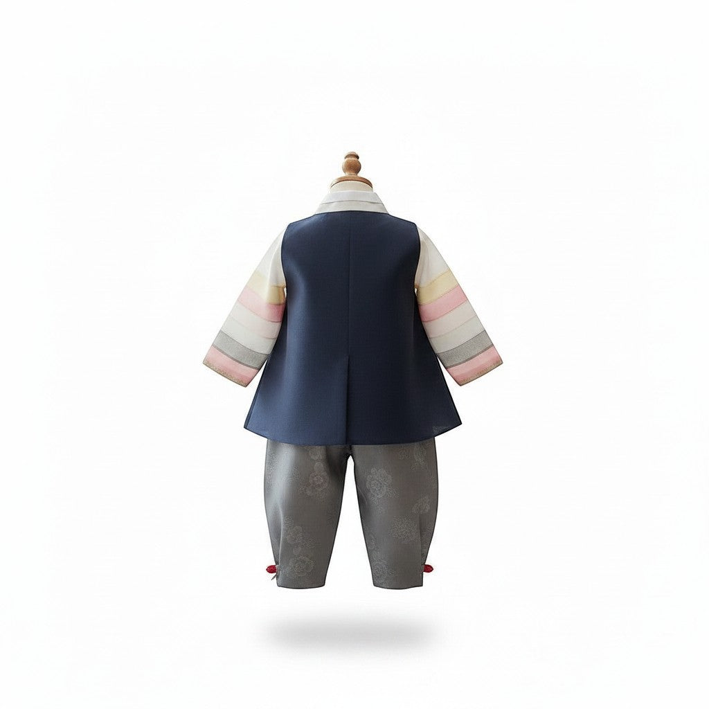 Little Seouls blue and gray traditional prince hanbok for 100th day celebration. Features pastel striped sleeves.