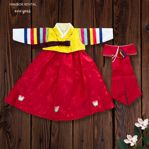 korean girl traditonal yellow and red one year hanbok