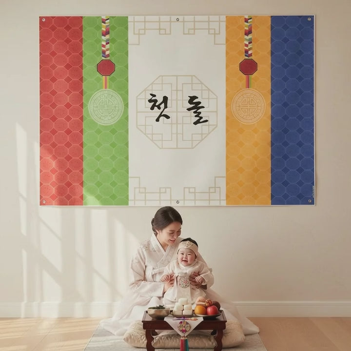 Korean banner for first birthday in traditional primary colors